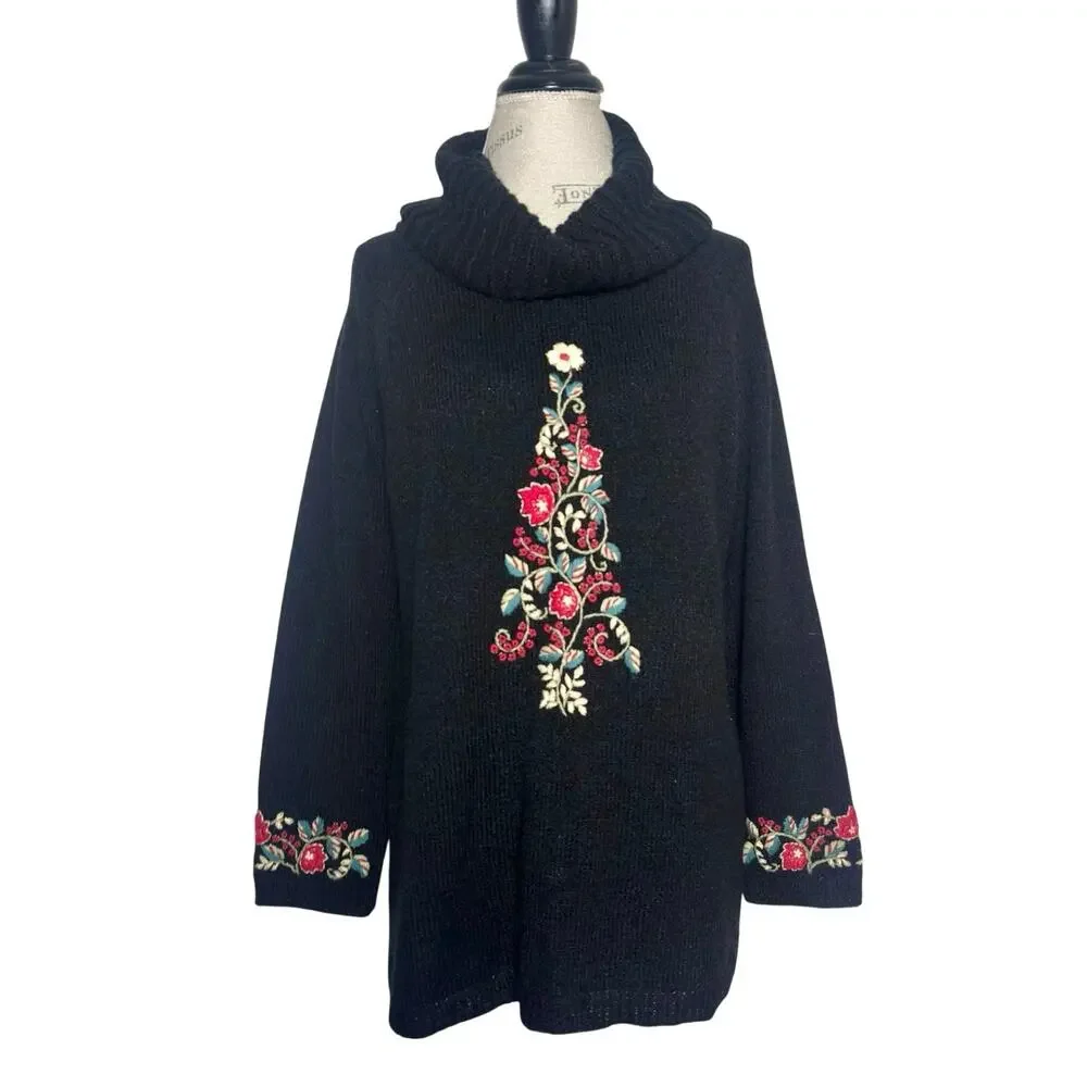 Coldwater Creek | Women | Floral Christmas Embroidered Cowl Neck Sweater | XL